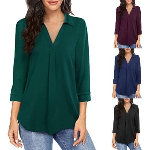 Plus Size New Fashion Women Blouses Elegant Lady Shirt Solid Color V Neck Autumn Loose 3/4 Sleeve Chiffon Shirt Streetwear 2021