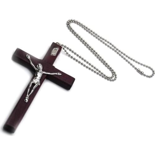 Wooden Religious Jesus Cross Necklace Christian Crucifix Pendent Chain Jewelry 449C
