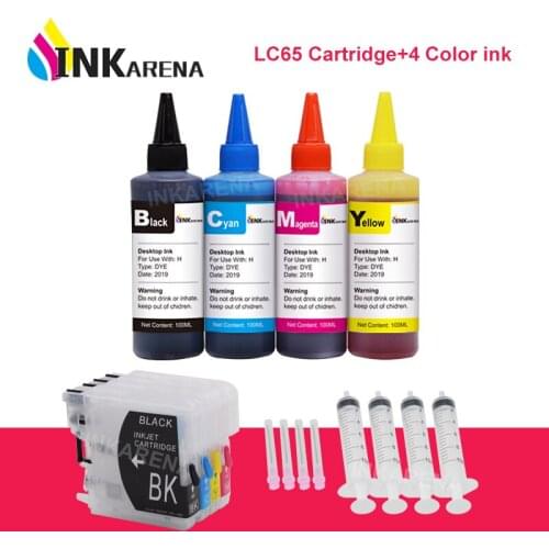 INKARENA 4×100ml Dye Ink + LC65 XL Printer Ink Cartridges For Brother LC 65 11 16 38 61 67 980 990 1100 MFC-250C 255CW 257CW
