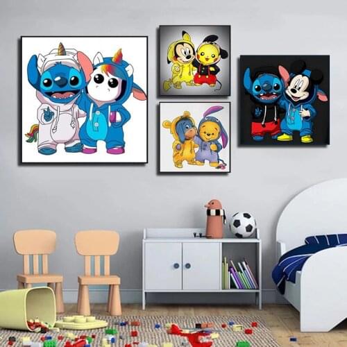 Disney Anime Canvas Painting Mickey Stitch And Winnie Posters Prints Wall Art Pictures For Baby Room Decor Cuadros