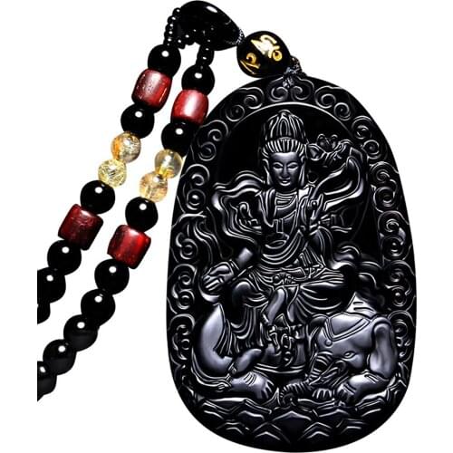 Koraba Fine Jewelry clin-kk Buddha Bodhisattva Pendant Necklace Amulet Talisman of Obsidian Samantabhadra Free Shipping