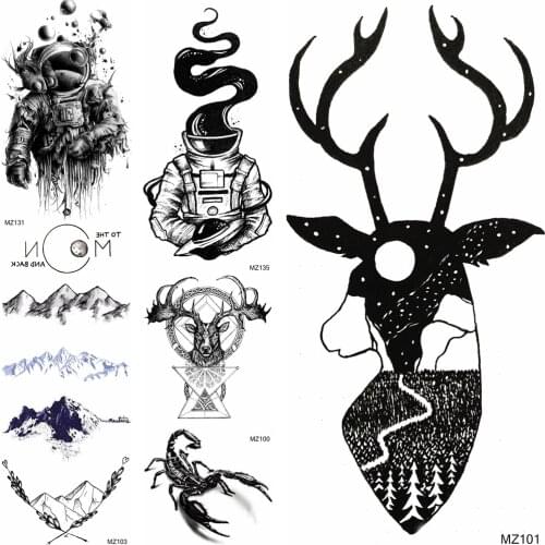 Beautiful Elk Temporary Tattoos Sticker Fake Planets Scorpion Astronaut Tattoos Waterproof Mountain Body Art Tatoo For Women Men