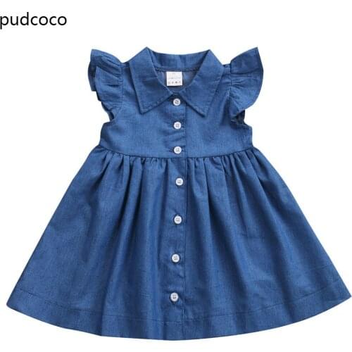 Cute Baby Kids Girl Ruffled Sleeve Casual Dresses Summer Girls Denim Cowboy Button Sundress Party Dress Clothes Blue 1-6Y