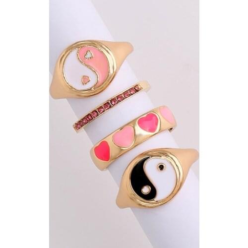 Fashion Gold Tai Chi Crystal Heart Rings for Women Sweet Cute Rings Party Jewelry Accessories