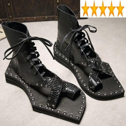 Runway Snakeskin Genuine Casual Leather Ankle Boots Geometric Shape Sole Chunky Mens Shoes Vintage Gladiator Sandals