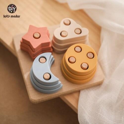 Lets Make Geometric Silicone Jenga Set Wooden Pillar Unisex Building Block Toy Montessori Baby Early Education Puzzle Toy Gifts