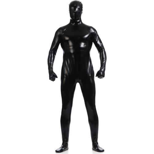 New Black zentai costume Shiny Metallic Mens Tight zentai Fullbody Bodysuit Halloween costume Custom made available