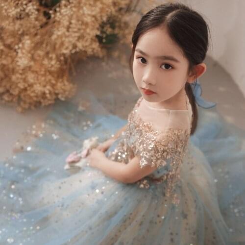 Girls Dress Lace Long Gown Gauze Sequin Tulle Costume Wedding Party Children Clothes Elegant Pageant Party Princess Outfits