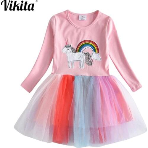 VIKITA Girls Dress Rainbow Unicorn Girls Princess Dress Children Embroidery Cartoon Dresse Kids Licorne Dresses for Girl