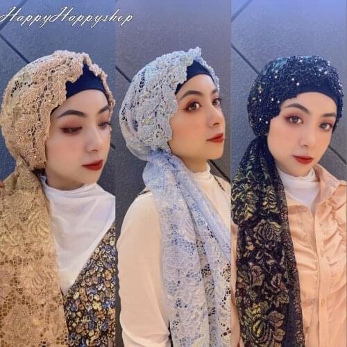 Luxury Wedding Party Hijabs Dubai Style Turban Women Muslim Islamic Handmade Beaded Lace Khimar Hijab Cap Head Cover Scarves