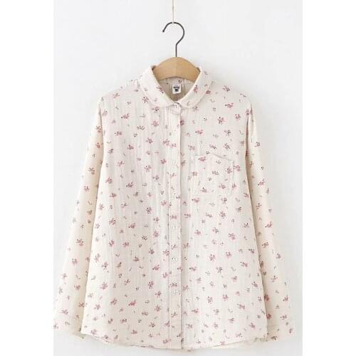 Spring Autumn New Floral Print Shirt Long-sleeved Comfortable Double-layer Cotton Student Bottoming Shirts Female Blouses Pocket
