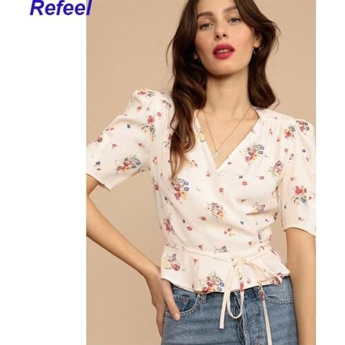 Vintage summer top floral print v-neck summer camis with sashes slim crop top female holiday tank top