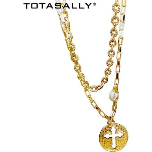 TOTASALLY Trendy Double Chains Round Hollow Cross Pendants Necklaces Gold Metal Style womens Chain Necklace Jewelry Lady Gift