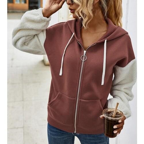 Autumn Winter Plush Hoodies Women Hooded Sweatshirts Contrast Color Harajuku Zipper Coat Hoodies for Women Hooded Tops femme