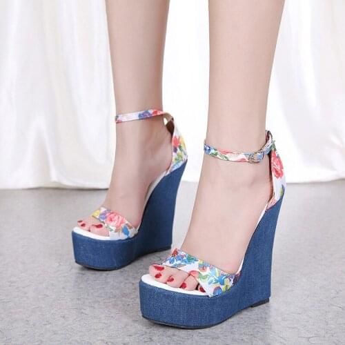 2019 Spring Printing Sandals Women Denim High Heel Shoes Woman Flower Wedges Platform Ankle Wrap Sandals WS1792