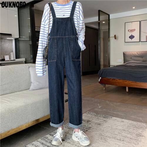Womens Denim Overalls Casual Wide-Leg Pants Korean Preppy Style Dark Blue Spring 2021 Woman Fashion Retro Pocket Jumpsuits