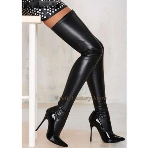 Black Stretch Leather Thin HigH Heel Over The Knee Long Boots Women Pointed Toe Slim Fit Thigh High Gladiator Fashion Booty