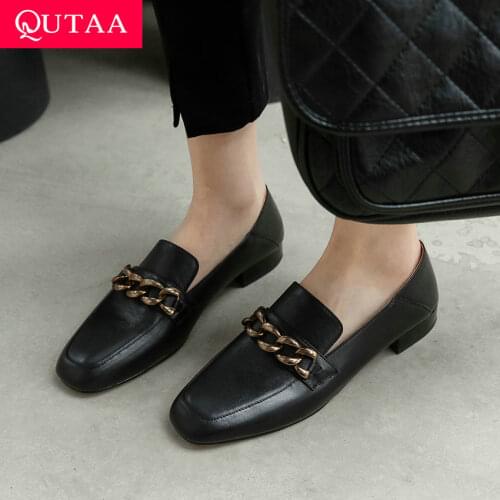 QUTAA 2021 Spring Autumn Retro Square Toe Metal Decoration Female Shoes Genuine Leather Basic Casual Women Flat Heels Size 34-40