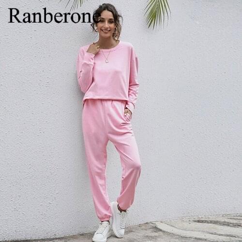 Ranberone Women Two Piece Sweatshirts And Long Pant Solid Color Casual Sweater Womens Tracksuit Suit Sportswear 2021 Outfits