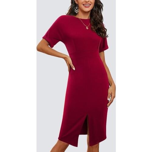 Women Elegant Wear to Work Pure Color Round Neck Short Sleeve Front Slit Lady Fitted Pencil Dress HB641