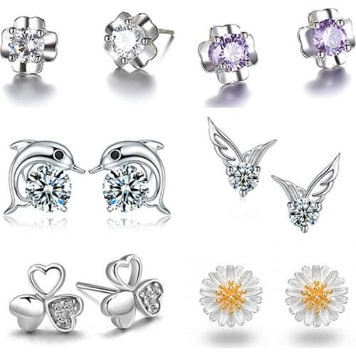 Julie Wang 1 Pair Crystal Stud Earrings Multiple Styles Heart Flower Dolphin Fashion Women Zircon Earrings Jewelry