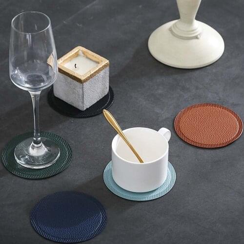 4Pcs PU Leather Table Mat Solid Color Tableware Pad Waterproof Heat Insulation Non-Slip Placemat Soft Bowl Coaster 10CM