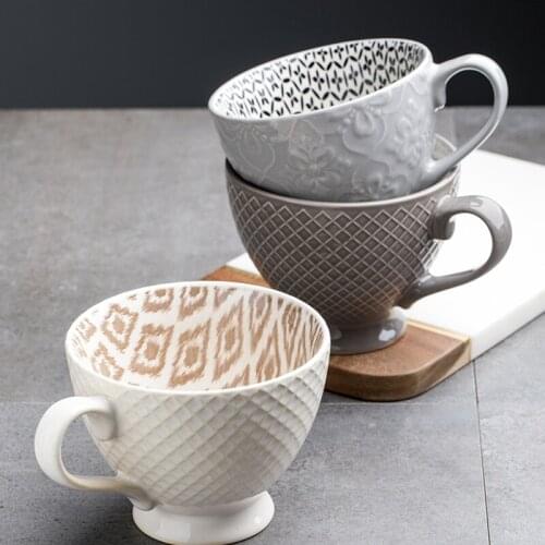 400ml Japanese Art Retro Ceramic Embossed Printed Coffee Minimalist Home Large Capacity High Foot Breakfast Oatmeal Dessert Cup