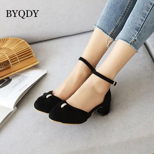 BYQDY Japanese Sweet Lolita Women Pumps Buckle Strap 4cm Low Heel Mary Janes Shoes Girls Students Thick Heels Flock Shoes Plus