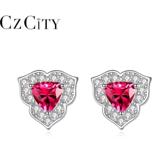 CZCITY Stud Earrings for Women Romantic Flowers Triangle Red Gem 925 Sterling Silver Fine Jewelry Dating Christmas Gift SE608