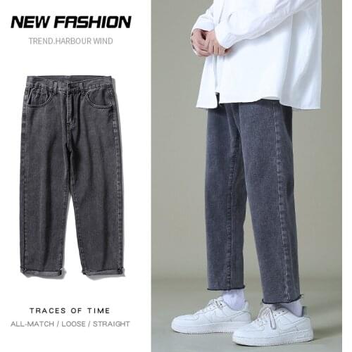 MenS Korean Style Wide-Leg Jeans 2021 Autumn New Men Loose Straight-Leg Cropped Trousers Male Fashion Trend Brand Casual Pants