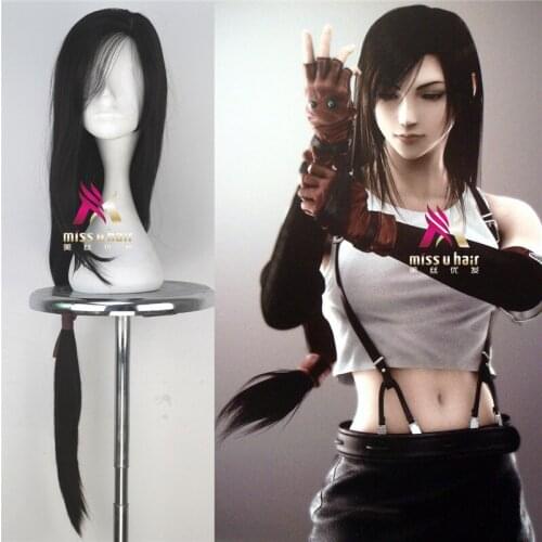 Game FF15 Final Fantasy Cosplay Tifa Lockhart Wig Women Girls 97cm Long Horsetail Black Synthesis Hair Wig Cosplay Accessories