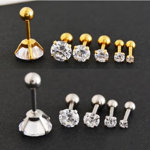 Korean Zircon Earrings Ear bone Nails Anti Allergic Round CZ Clear Crystal Gem Tragus 316L Stainless Steel 16G Women Jewelry