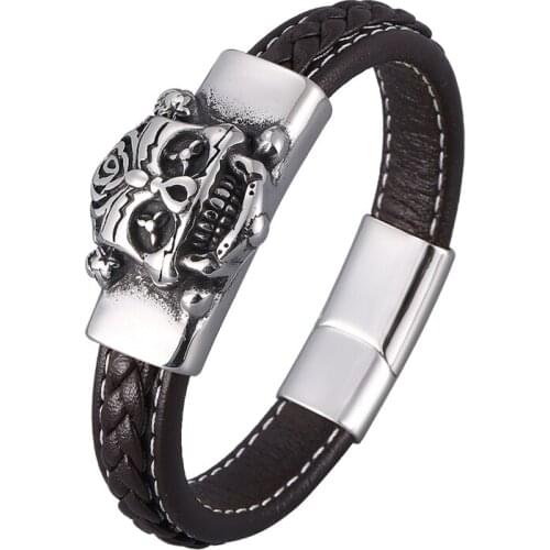 Brown Leather Bracelets Men Wrist Jewelry Punk Rock Wristband Stainless Steel Skull Magnetic Buckle Vintage Bangles Gift PD0895