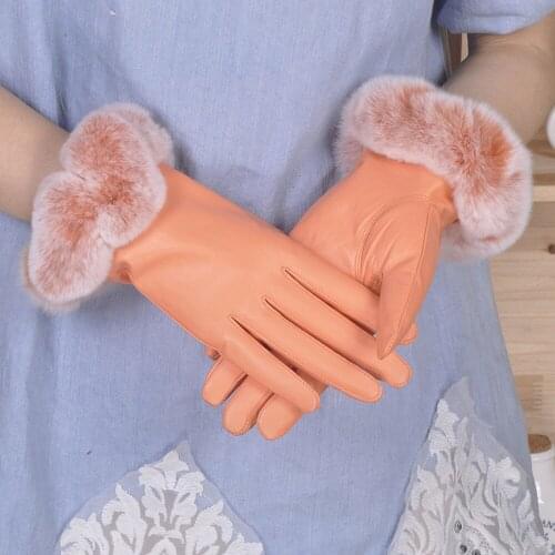 Leather Gloves Women Winter Sheep Skin Warm Plus Woolen Cotton Gloves Rex Rabbit Fur Driving Leather Gloves