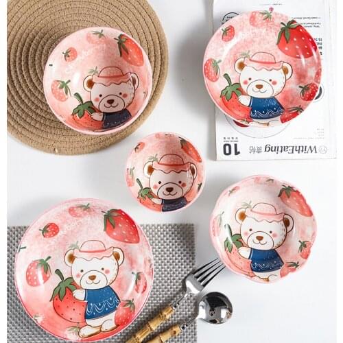 Strawberry Bear Bowl 2021 New Cartoon Ceramic Tableware Cute tray and Plates Eating Bowl Soup Salad Steamed Egg dish CL90321