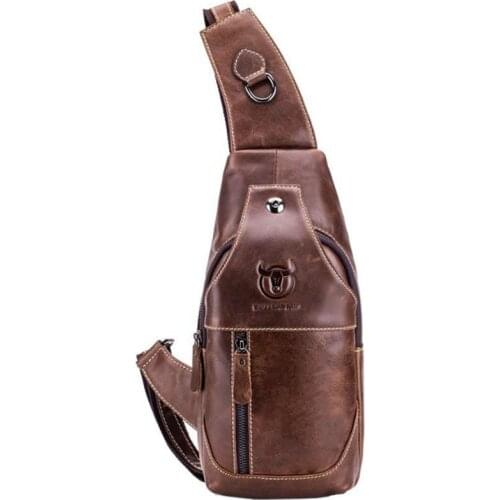 Men Leather Sling Chest Bag Cross Body Messenger Shoulder Pack Pouch Business Travel Hiking with Headphone Cable Hole