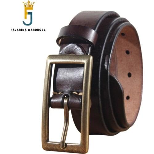 FAJARINA Unique Design Retro Personality Men Solid Brass Metal 100% Pure Layer Cowhide Jeans Male Belt Leather 2.8cm N17FJ1028
