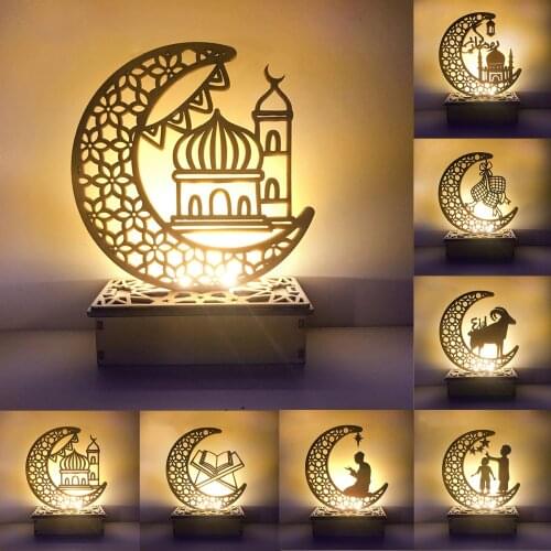 New EID Mubarak Wooden Ornaments Dining Table DIY LED Ornaments Ramadan Decorations For Home Islamic Muslim Party Supplies