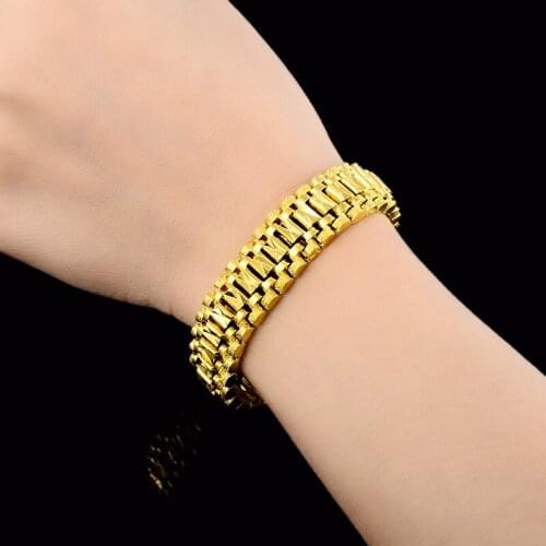 Drop shipping 24k gold color mens jewelry,wholesale 24k gold 12mm Strap chain bracelet for men 19.5cm ,fashion gold bracelet