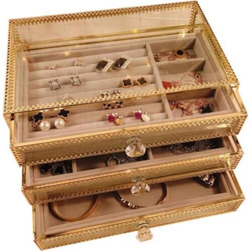 European Light And Luxurious Gold Jewelry Collection Box, Ring Necklace Jewelry Box, Glass Drawer, Velvet Box, Table Top Decorat