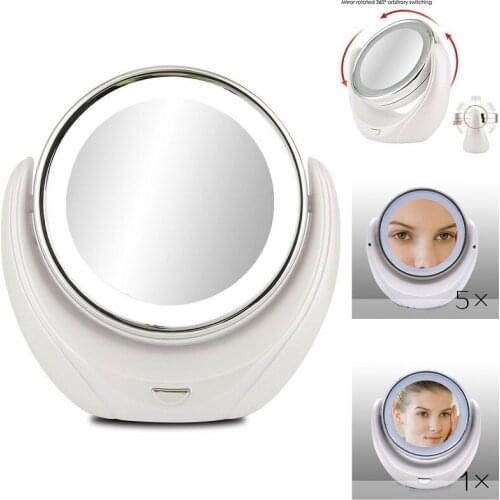 LED makeup mirror desktop double-sided with lamp 360 degree rotation 5 times magnification gift