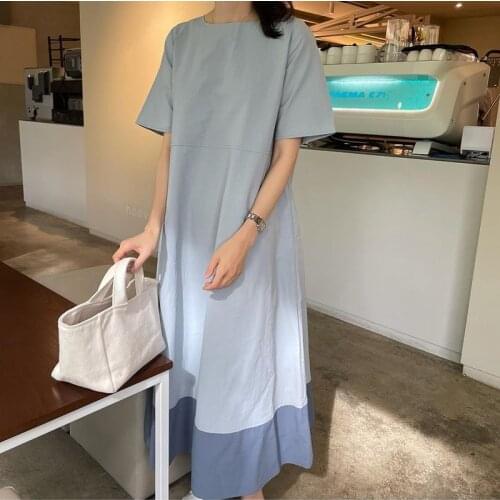 French Style Lazy Long Skirt Contrast Color Stitching Round Neck Loose Slim Short-sleeved Dress