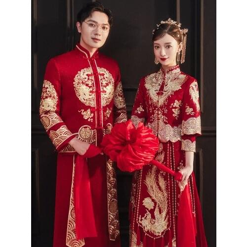 Oversize Code China Style Wedding DressCheongsam Embroidered Marriage Suit Oriental Bride Lovers Clothes Red Long Sleeve Qipao