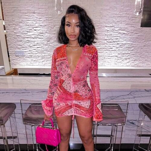 Paisley Print Deep V Neck Party Dresses Bodycon Drawstring Mesh Flare Long Sleeve Transparent Club Outfit For Women Mini Dress