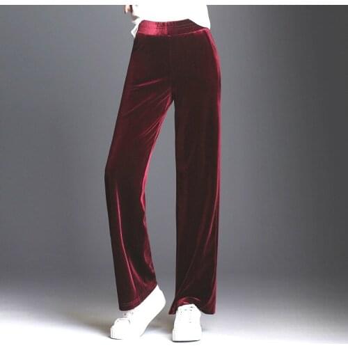 Spring Fall Casual Womens Ladies Wine Red Elastic High Waisted Velvet Pants , Autumn Winter 4xl 5xl Female Woman Velour Trousers