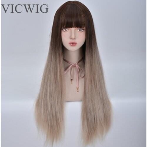 VICWIG Womens Synthetic Hair Mixed Brown Gradient Linen Gray Long Straight Heat-resistant Wig with Bangs