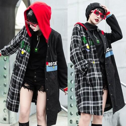 Spring Autumn new style stitching black and white plaid mid-length loose plus cashmere hoodies jacket women Y609