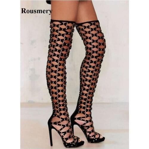 New Fashion Women Open Toe Black Spike Over Knee Gladiator Boots Cut-out Cage Design High Heel Long Boots Dress Shoes