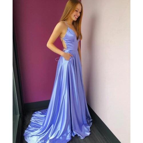 Sexy Long A-Line Satin Evening Dresses with Pockets Criss Cross Back Spaghetti V-Neck Abendkleid Robes de Soirée for Women