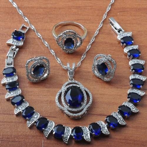 2020 New Blue Zircon Silver Plated Jewelry Sets Women Wedding Jewelry Earrings Set Rings Bracelet Birthday Gift JS0637